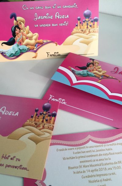 Invitatii si plicuri de bani pentru botez cu Aladin si Jasmine