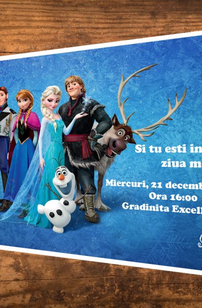 Invitatii petreceri copii cu Ana, Elsa, Olaf si poza sarbatoritului