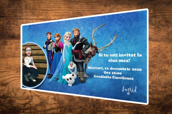 Invitatii petreceri copii cu Ana, Elsa, Olaf si poza sarbatoritului
