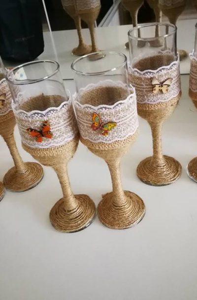 Set pahare nunta decor iuta si fluture