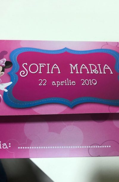 Set invitatii si plicuri de bani pentru botez cu Minnie Mouse