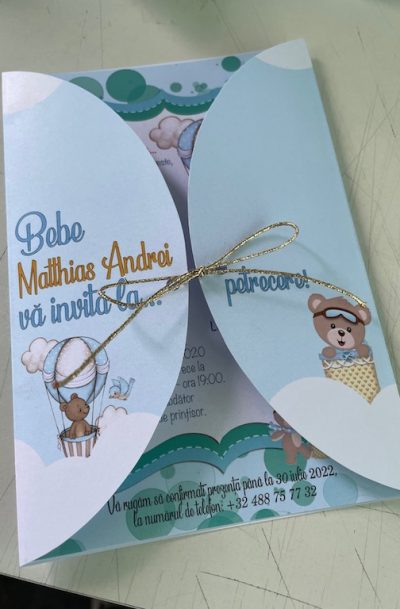 Invitatie botez cu ursuleti si baloane cu aer cald, cod produs: PB01