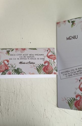Plic de bani nunta motiv floral si flamingo, cod produs pbn011