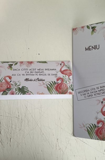 Plic de bani nunta motiv floral si flamingo, cod produs pbn011