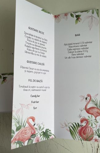 Meniu nunta motiv floral si flamingo, cod produs mbn011